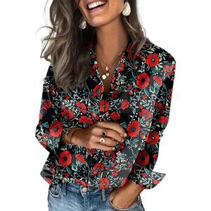 Satin Crimson Nocturne Blouses For Women Silk Button Shirts Long Casual Tops